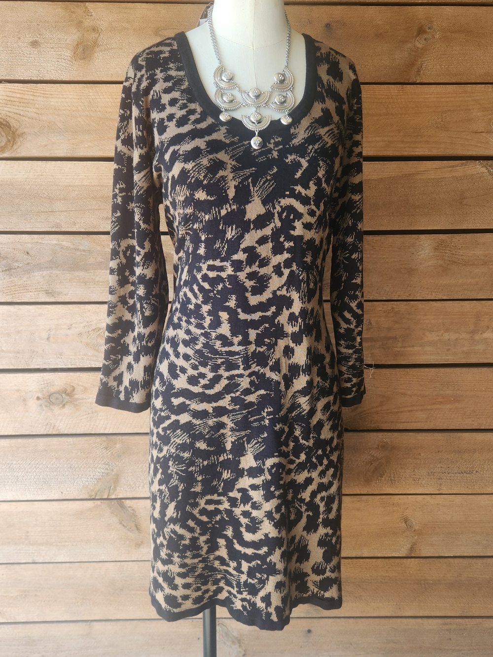 Marvin Richards Black and Tan Long Sleeve Animal Print Dress Size XL